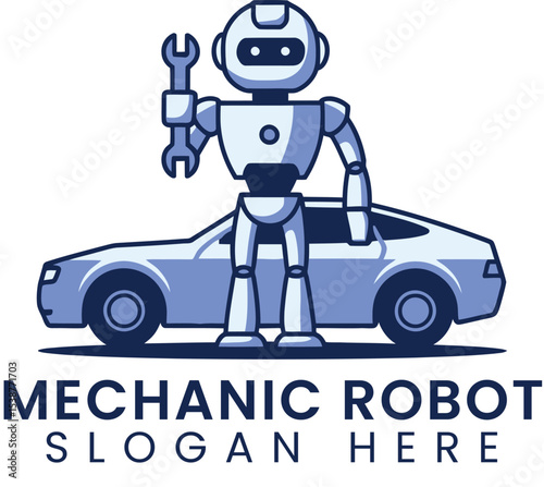 Robot Mechanic Auto Repair Service Modern Design Digital Art car tool icon logo gear blue parts     