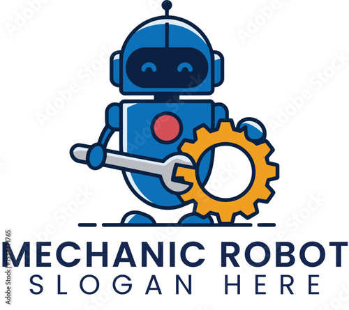 Cute Blue Mechanic Robot Holding Gear Wrench Repair art icon logo tool work clean smart happy white 