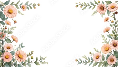 Vintage floral border with soft pastel roses, peonies, and leaves on white background. Perfect for wedding invitations, greeting cards, and elegant designs with space for text in the center.