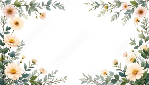 Vintage floral border with soft pastel roses, peonies, and leaves on white background. Perfect for wedding invitations, greeting cards, and elegant designs with space for text in the center.