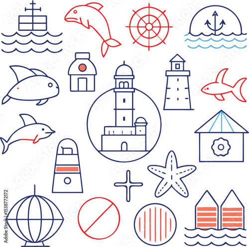 Nautical and Sea-Themed Line Art Icon Set with Color Accents