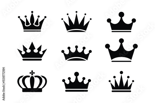 Set of black crown silhouettes on white background vector illustration