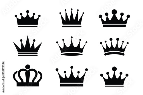 Set of black crown silhouettes on white background vector illustration