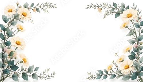 Vintage floral border with soft pastel roses, peonies, and leaves on white background. Perfect for wedding invitations, greeting cards, and elegant designs with space for text in the center.