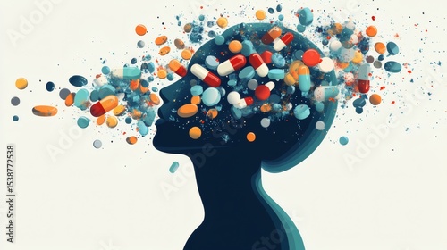 Abstract illustration of pills exploding from a person's head, symbolizing mental health or medication overload.