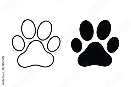 Set of dog paw silhouettes in black and white vector illustration