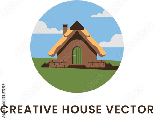 Charming Rural Cottage House Vector Illustration Design sky art home cute roof door flat icon small 