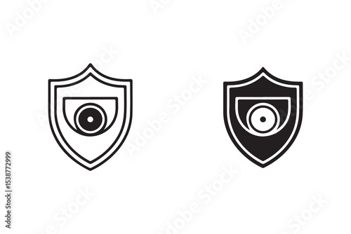 Security shield icon with camera lens isolated on white background