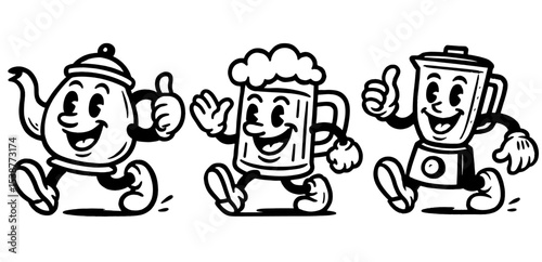 Teapot, mug, and blender illustrated with friendly expressions and gestures