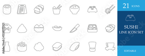 Minimal line icon set of Japanese sushi including maki, sashimi, shrimp, salmon, rice, chopsticks, wasabi, bento box, and soy sauce. Editable and clean