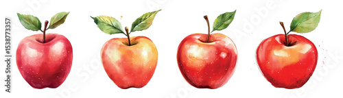 Watercolor set of red apples png. Red sweet apples with apple tree leaves. Elements of fruit, harvest, chic snack. Back to school. Vector illustration.