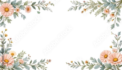 Vintage floral border with soft pastel roses, peonies, and leaves on white background. Perfect for wedding invitations, greeting cards, and elegant designs with space for text in the center.