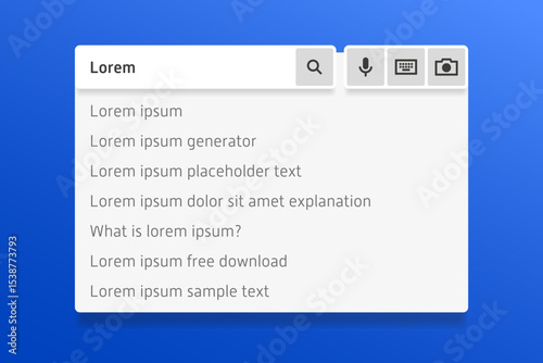 Search bar with autocomplete suggestions for “Lorem ipsum” placeholder text, showing UI design elements and mock search terms. Minimalist style.