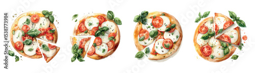 Watercolor Italian pizza Margherita. Fragrant pizza with a golden crust with slices of mozzarella, tomatoes and decorated with basil. Elements of Italian cuisine for restauran. Mediterranean mood.