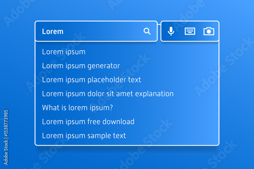 Search bar UI mockup with suggested queries about “Lorem ipsum,” featuring icons for voice, keyboard, and visual search in a clean digital layout.