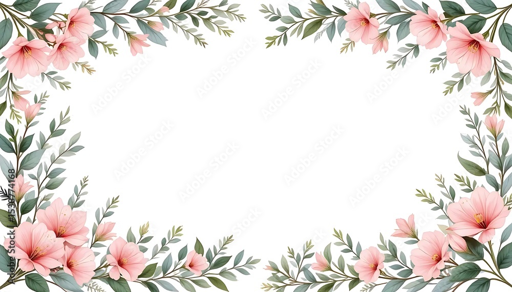 Fototapeta premium Vintage floral border with soft pastel roses, peonies, and leaves on white background. Perfect for wedding invitations, greeting cards, and elegant designs with space for text in the center.