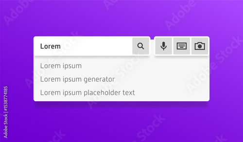 Search bar mockup with typed word “Lorem” and suggested queries, featuring icons for voice, text, and image input on a gradient purple background.