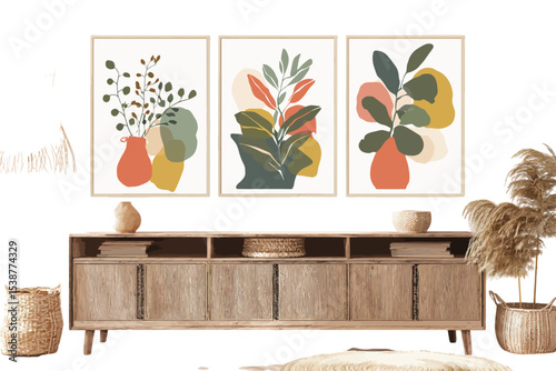 Three Abstract Botanical Prints Above Wooden Cabinet Neutral Tones