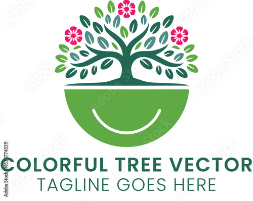 Happy Green Tree Vector Illustration Floral Design Nature joy logo icon life smile plant peace fresh