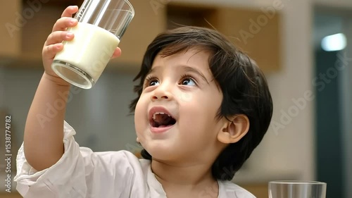 Young child joyfully raises a glass of milk while surrounded by snacks in a bright kitchen setting