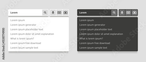 Side-by-side UI mockup of light and dark search interfaces with “Lorem” typed in, showing icons and trending autocomplete suggestions in clean contrast.