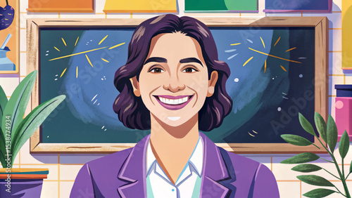 teacher smiling with chalkboard background in a classroom, symbolizing education, learning, knowledge-sharing, and student engagement in school