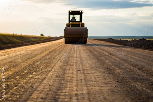 Road roller flattening soil for road construction at sunset