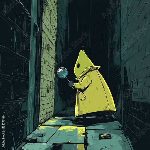 The Yellow Trenchcoat: A Pear-Headed Investigator on a Case in a Dark Alley.