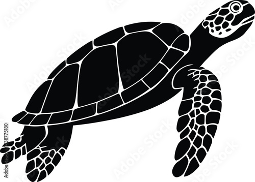 A Minimalist Black Sea Turtle Profile Illustration with Flippers, turtle on a white background