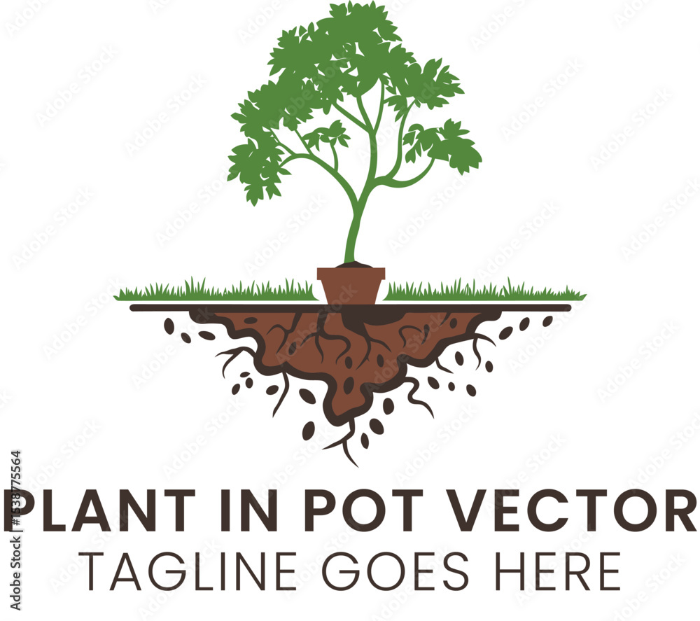 Obraz premium Green Plant Growing in Brown Pot Vector Illustration Nature eco tree soil life logo icon leaf seed 