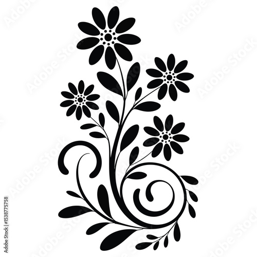 Black and White Floral Design Featuring Stylized Flowers and Swirling Leaves Elegant Monochrome Botanical Illustration