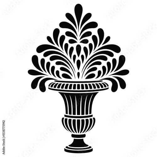 Black and White Illustration of an Ornate Urn Filled with Stylized Floral Design Elements A Classic Decorative Vessel