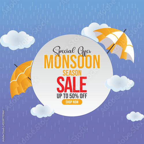 Monsoon sale season composition featuring clouds and rain elements, perfect for eye catching promotional banner, poster, flyer, or card design to highlight special offers.