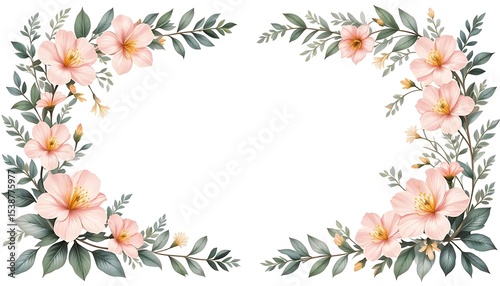 Vintage floral border with soft pastel roses, peonies, and leaves on white background. Perfect for wedding invitations, greeting cards, and elegant designs with space for text in the center.