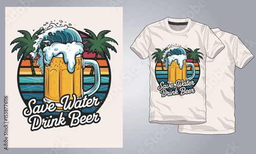 Save Water Drink Beer Retro T-Shirt Design – Funny Summer Beach Graphic with Beer Mug, Ocean Wave, and Palm Trees for Vacation Apparel, Party Wear, and Beer Drinker Merchandise