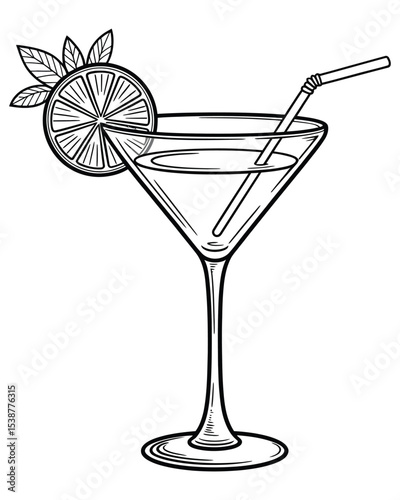 Black and White Line Drawing of a Martini Glass with a Lime Wedge and Straw a Detailed Illustration of a Classic Cocktail