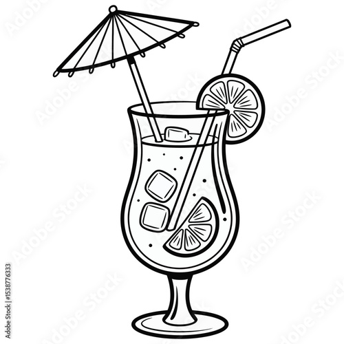 Black and White Line Drawing of a Hurricane Cocktail Glass with Ice Cubes Lemon Slices a Straw and a Paper Parasol