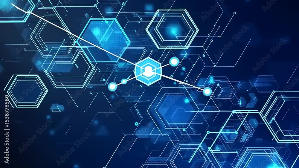 Abstract digital technology background with hexagonal shapes and glowing elements in blue tones