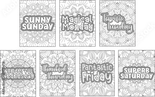 7 Days Name Quote Coloring Page for Adults. Weekly Name Mandala Coloring Page