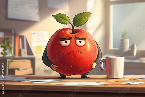 The Unhappy Executive Apple: An upset-looking apple in a business suit standing on a desk, showing stress and fatigue.
