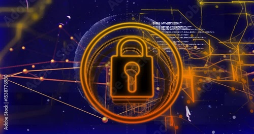 Centered padlock appearing driving globe rotating, network linking code scrolling ensuring security