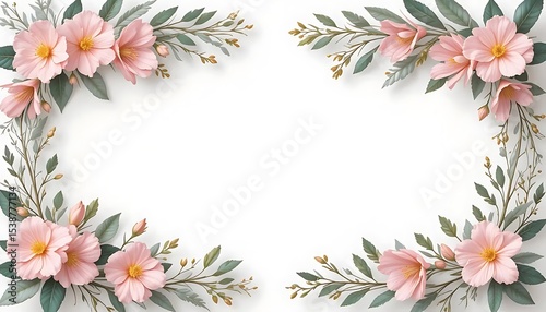 Vintage floral border with soft pastel roses, peonies, and leaves on white background. Perfect for wedding invitations, greeting cards, and elegant designs with space for text in the center.