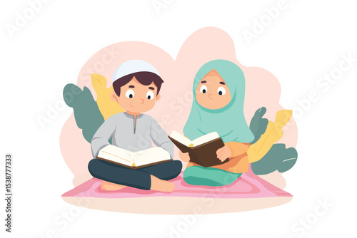 Two Muslim children reading books together on pink mat