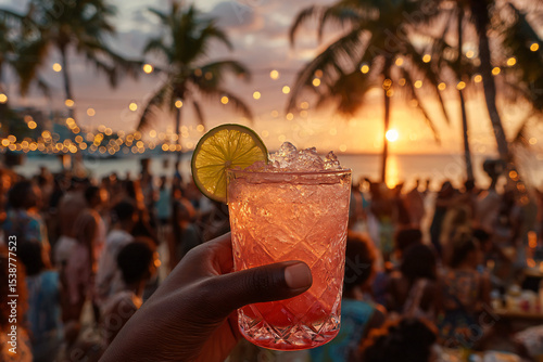 Girl holding a chilled cocktail with a slice of lime, surrounded by friends at a sunset beach party, tropical palm trees swaying, glowing sky in orange and purple hues, joyful atmosphere.