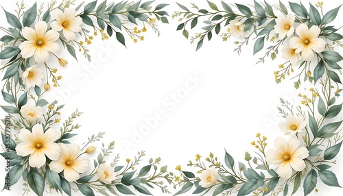 Vintage floral border with soft pastel roses, peonies, and leaves on white background. Perfect for wedding invitations, greeting cards, and elegant designs with space for text in the center.