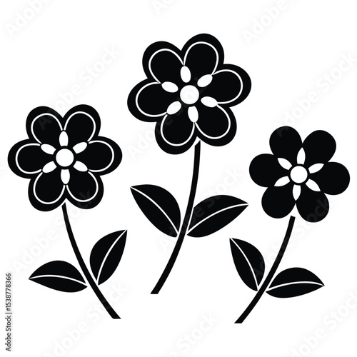 Black and White Flower Icon Set Three Stylized Flowers with Leaves Isolated on White Background Simple Floral Vector Graphic Design Element