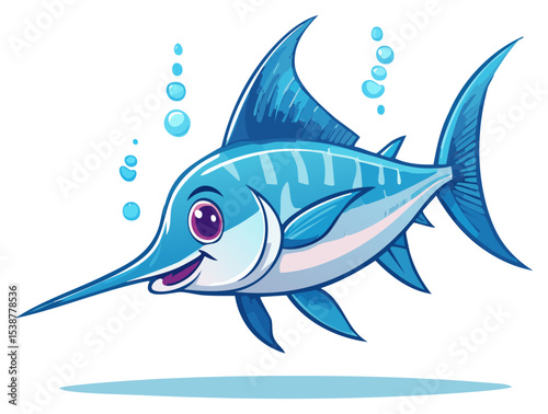 Cute blue swordfish cartoon illustration, isolated 