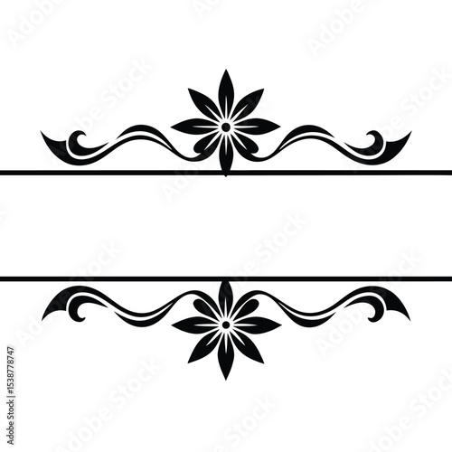 Black Floral Design Element Two Symmetrical Black Flowers with Swirling Vines Separated by a Horizontal Line on White Background Elegant Decorative