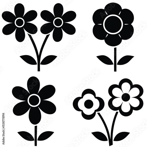 Set of four stylized black and white flower illustrations featuring simple daisy and sunflower designs with bold outlines and solid fills perfect for