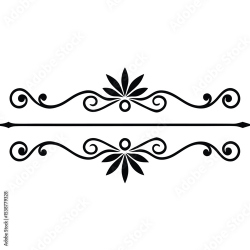 Two Black Decorative Divider Lines Set Featuring Floral Swirls and Geometric Flower Motifs for Design Elements